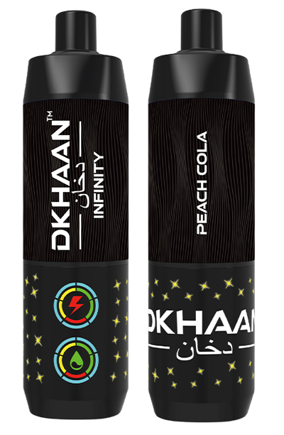 Dkhaan Infinity 25K Peach Cola Disposable Vape with dual mesh coil and rechargeable USB-C