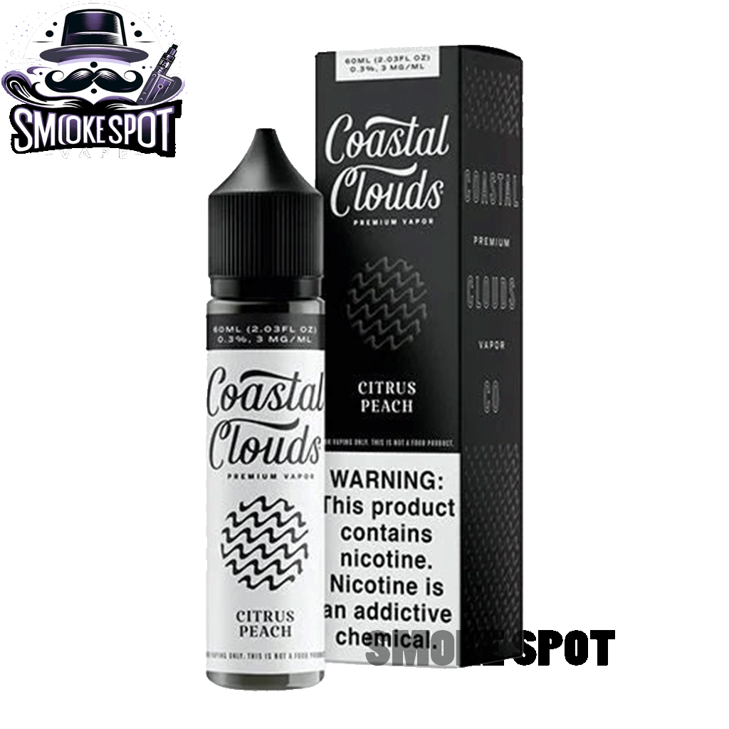 Citrus Peach 3MG Coastal Clouds 60ML E-Juice bottle with peach and citrus design