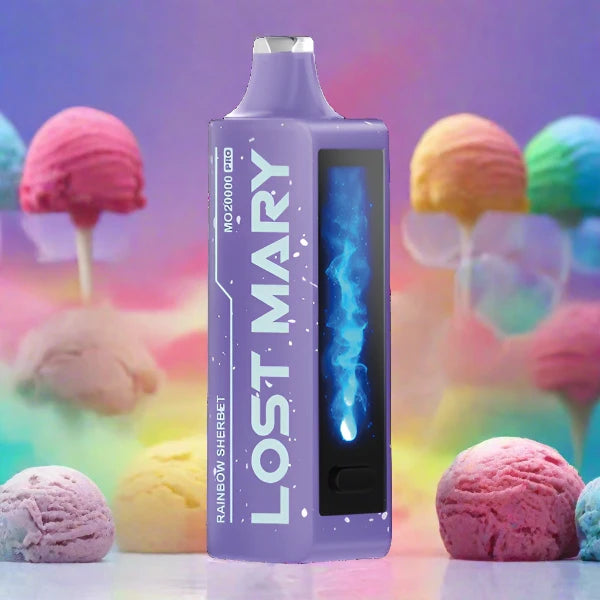 Rainbow Sherbet Lost Mary MO20000 Pro disposable vape device with colorful citrus and berry flavor theme
