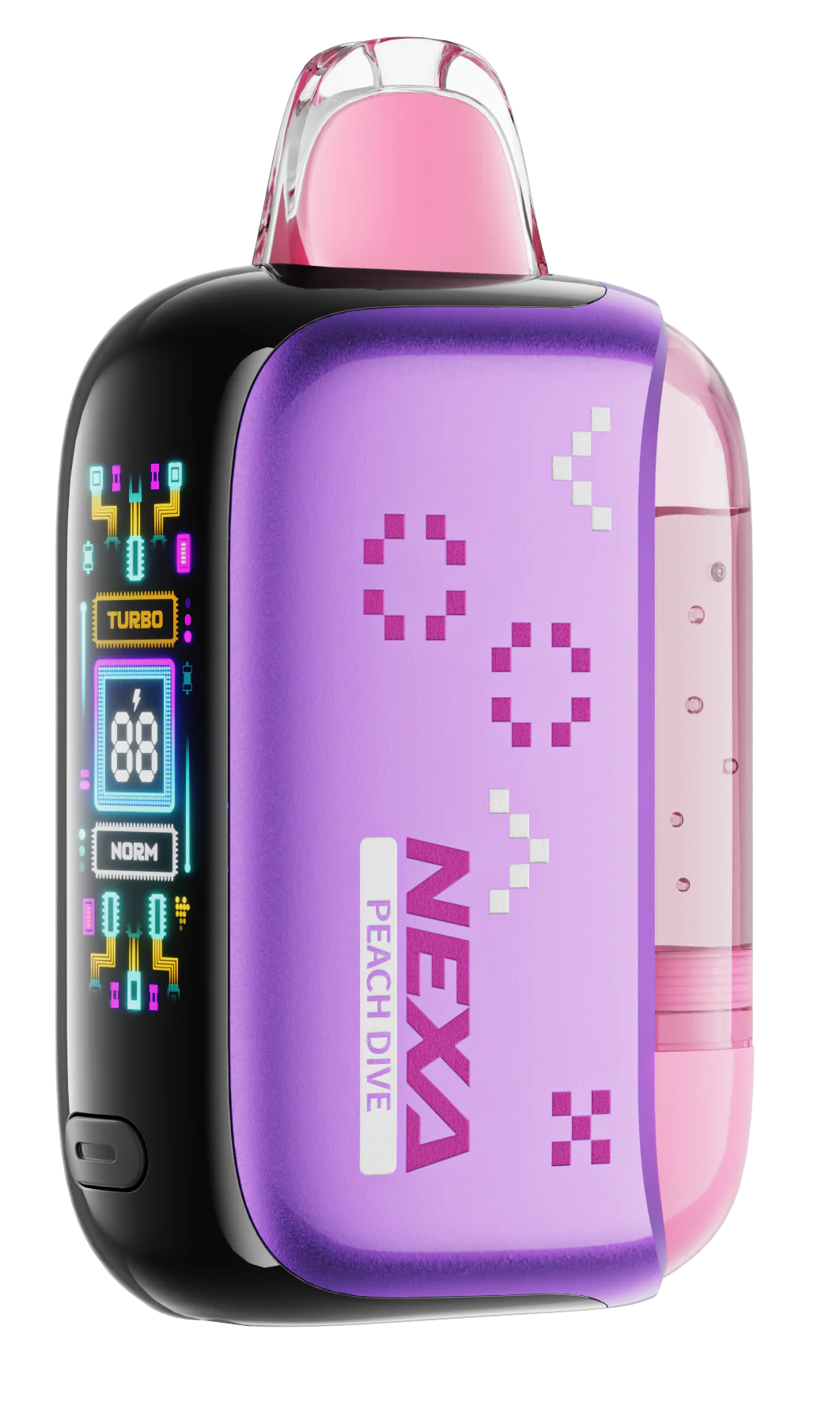 Close-up of PEACH DRIVE NEXA PIX 35K disposable vape showing peach flavor branding