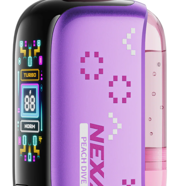 Close-up of PEACH DRIVE NEXA PIX 35K disposable vape showing peach flavor branding