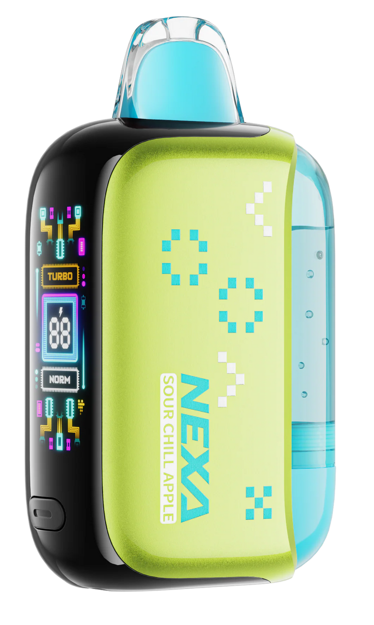 Close-up of SOUR CHILL APPLE NEXA PIX 35K vape showing branding and design