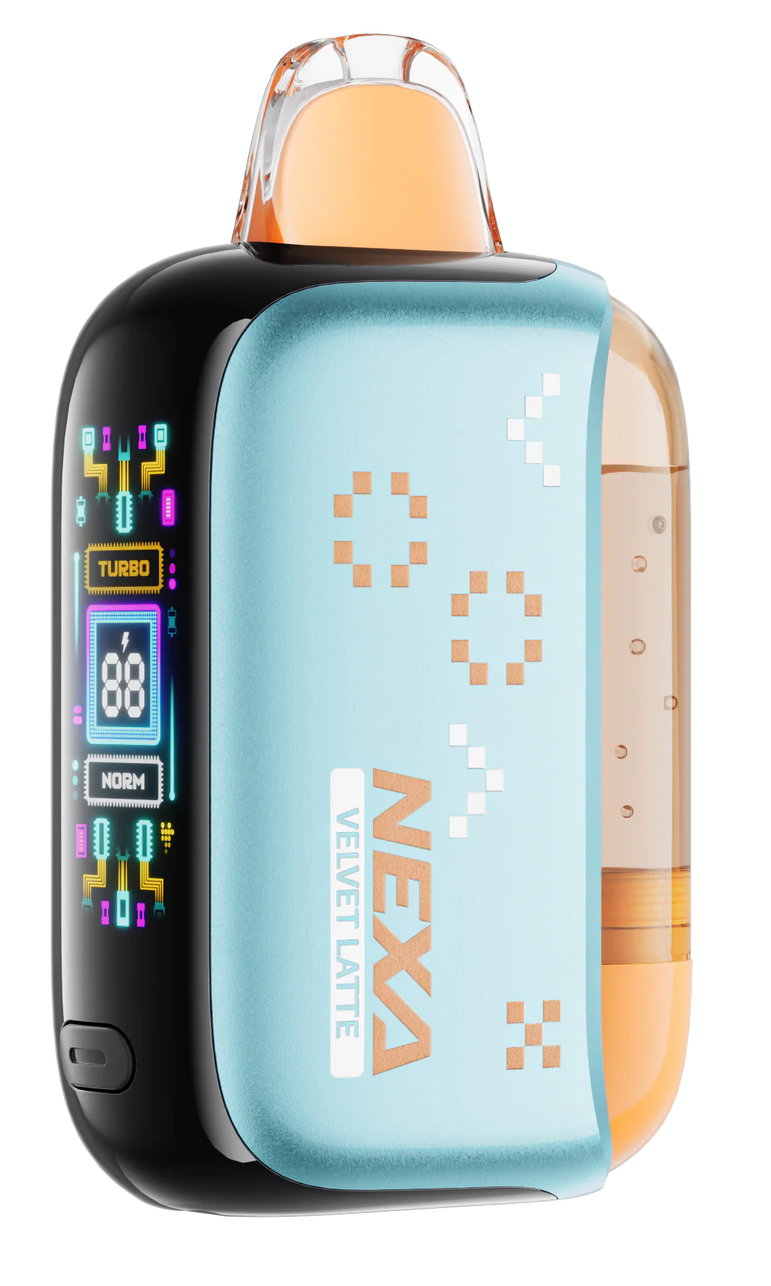 Close-up of VELVET LATTE NEXA PIX 35K disposable vape showing packaging and design