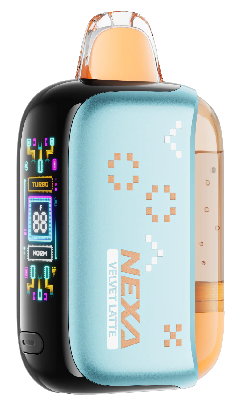 Close-up of VELVET LATTE NEXA PIX 35K disposable vape showing packaging and design