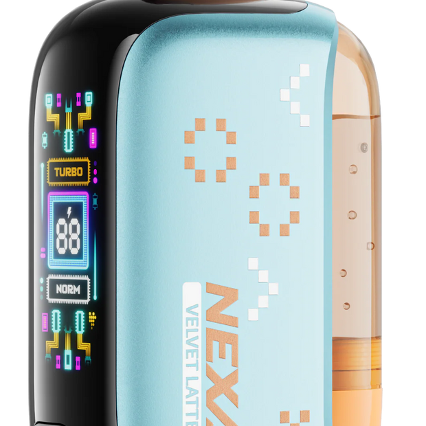 Close-up of VELVET LATTE NEXA PIX 35K disposable vape showing packaging and design