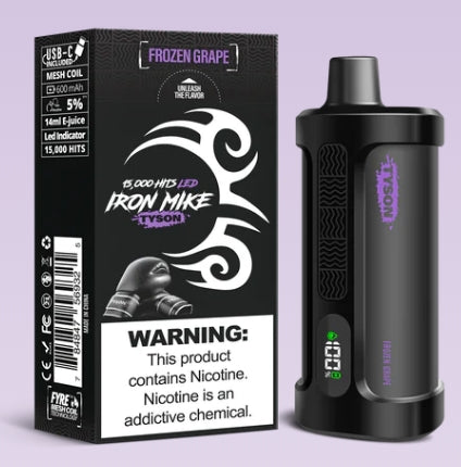 Close-up image of Tyson Iron Mike Frozen Grape vape packaging