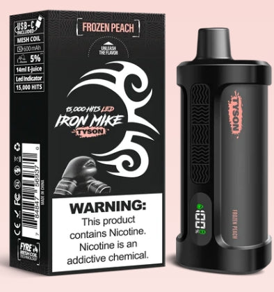 Frozen Peach Iron Mike Tyson 15000 disposable vape device with peach and icy flavor branding