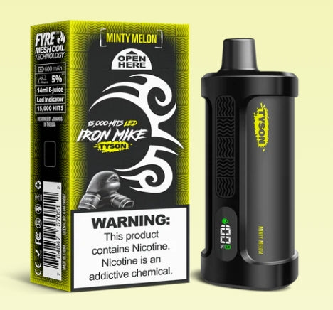 Minty Melon Iron Mike Tyson 15000 Disposable Vape device with refreshing mint and melon flavor