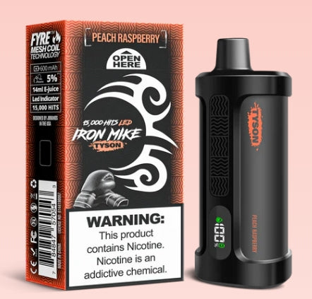 Peach Raspberry Iron Mike Tyson 15000 Disposable Vape with juicy peach and raspberry flavor