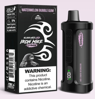 Watermelon Bubble Gum Iron Mike Tyson 15000 Disposable Vape device with vibrant packaging