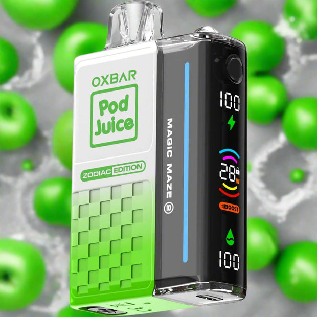 Pod Juice Oxbar 30K Sour Apple Skitz disposable vape with sour apple candy flavor