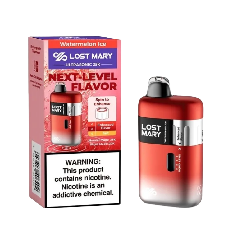 Lost Mary Ultrasonic 35k Watermelon Ice disposable vape with packaging showing watermelon and menthol flavor