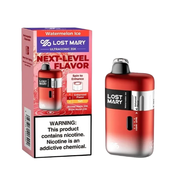 Lost Mary Ultrasonic 35k Watermelon Ice disposable vape with packaging showing watermelon and menthol flavor
