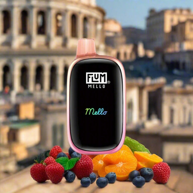 Flum Mello 20k Rome disposable vape with tangerine, mixed fruits, and mint flavors