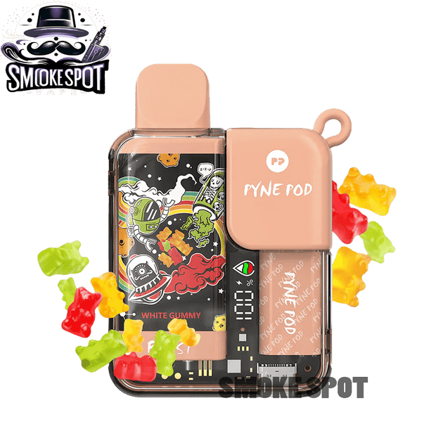 White Gummy Pyne Pod 8500 disposable vape with tropical fruit flavor and 8500 puffs