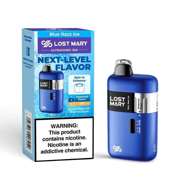 Lost Mary Ultrasonic 35k Blue Razz Ice disposable vape with packaging showing blue raspberry and menthol flavor
