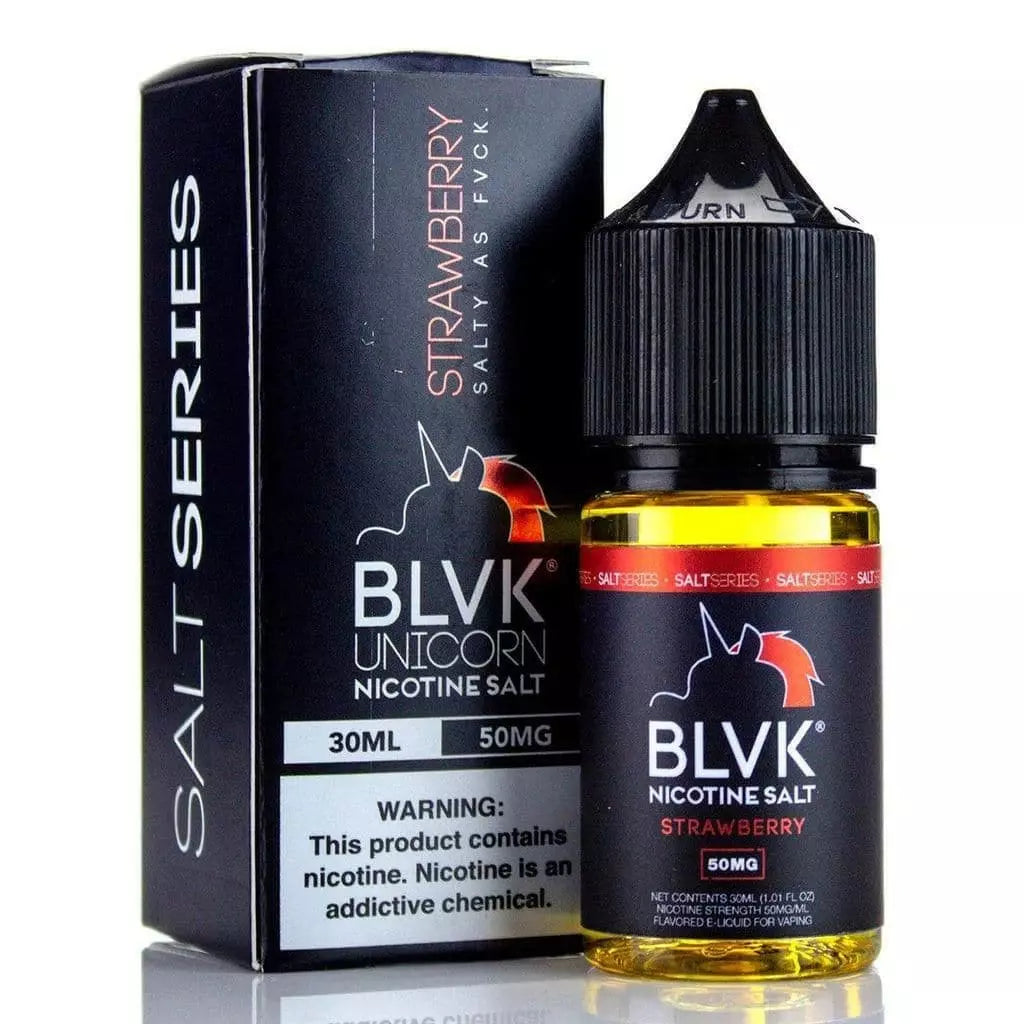 Close-up of BLVK vape juice bottle