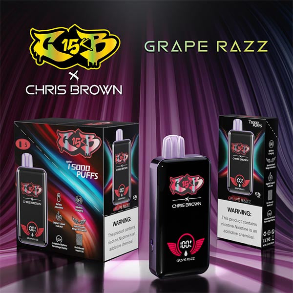 Chris Brown CB15000 disposable vape in Grape Razz flavor showing purple and raspberry design
