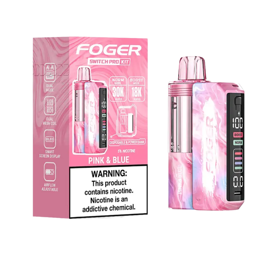 Foger Switch Pro Kit 30k Pink and Blue vape device showing dual coil system and ergonomic design