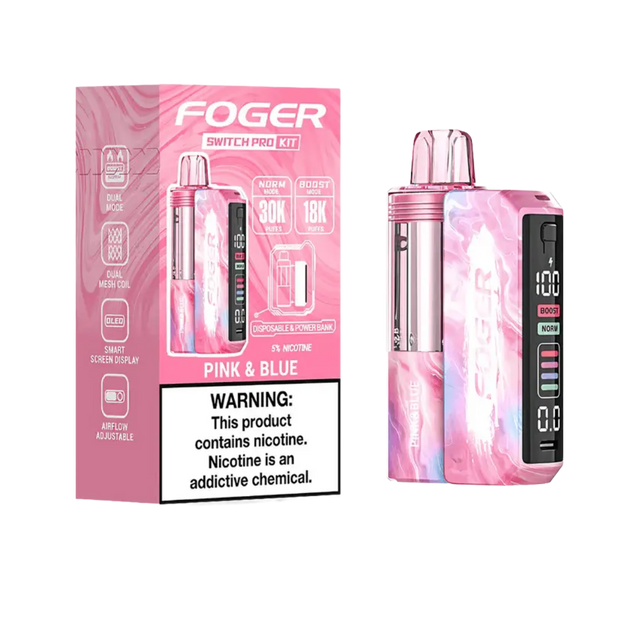 Foger Switch Pro Kit 30k Pink and Blue vape device showing dual coil system and ergonomic design