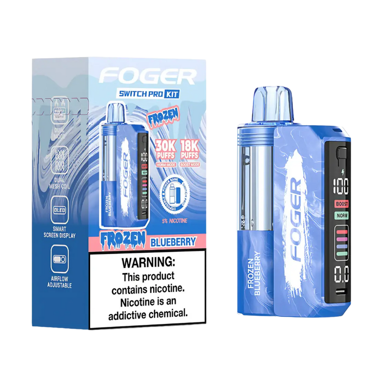 Foger Switch Pro Kit 30k Frozen Blueberry Disposable Vape with 30,000 puffs and icy menthol flavor