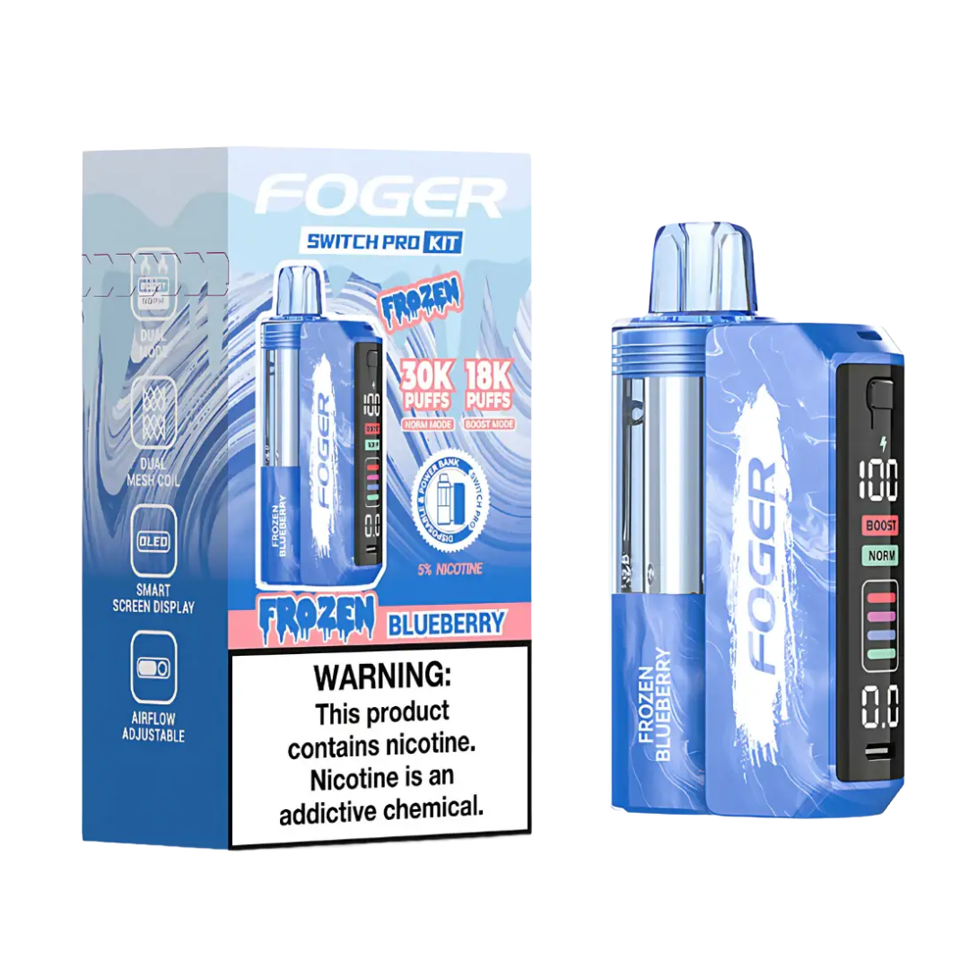 Foger Switch Pro Kit 30k Frozen Blueberry Disposable Vape with 30,000 puffs and icy menthol flavor