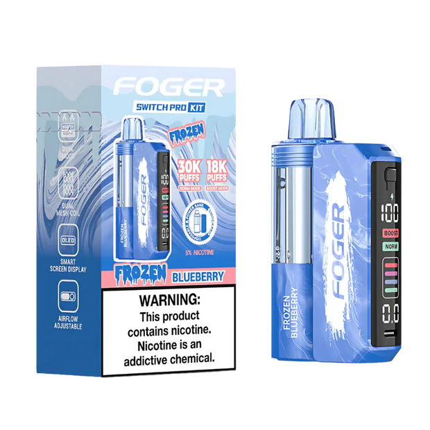Foger Switch Pro Kit 30k Frozen Blueberry Disposable Vape with 30,000 puffs and icy menthol flavor