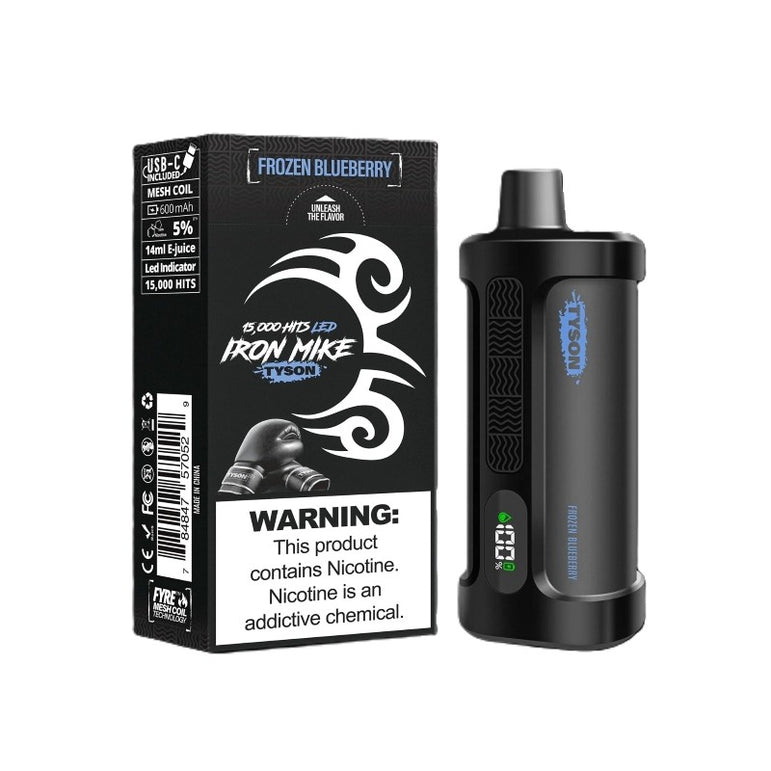 Frozen Blueberry Iron Mike Tyson 15000 Disposable Vape angled side view