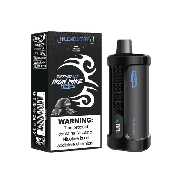 Frozen Blueberry Iron Mike Tyson 15000 Disposable Vape angled side view