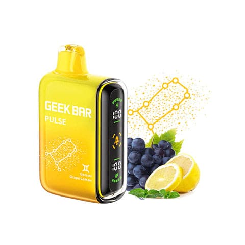 Geek Bar Pulse 15K Disposable Vape in Grape Lemon flavor with cosmic-style animation