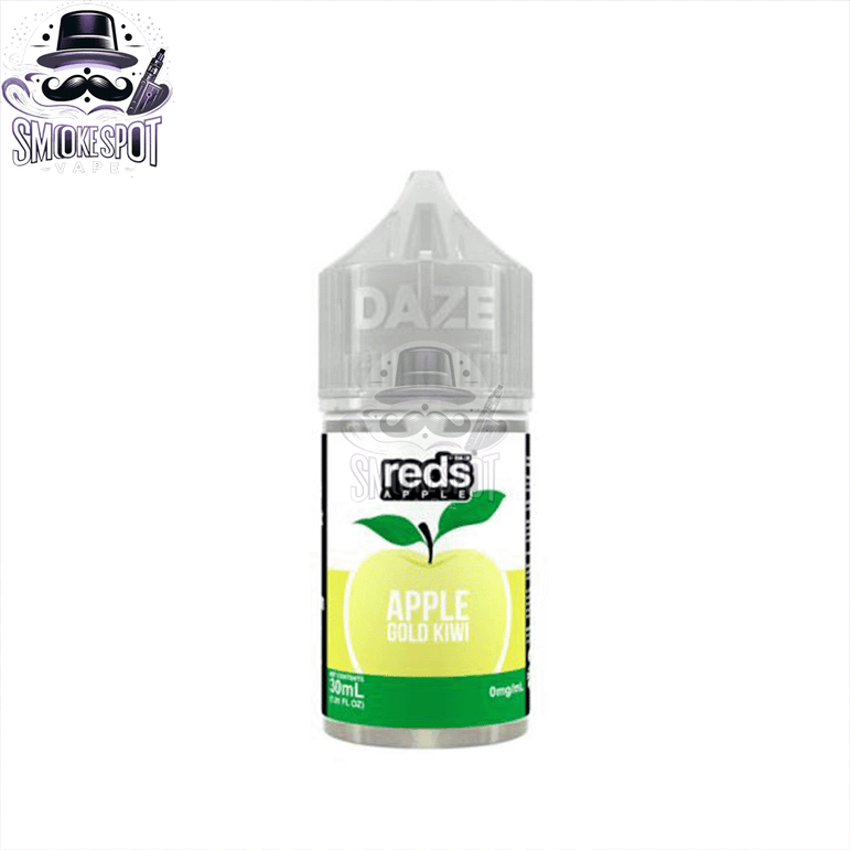 Close-up of Gold Kiwi Reds 30ml 50mg vape juice bottle by 7-DAZE with fruit flavor