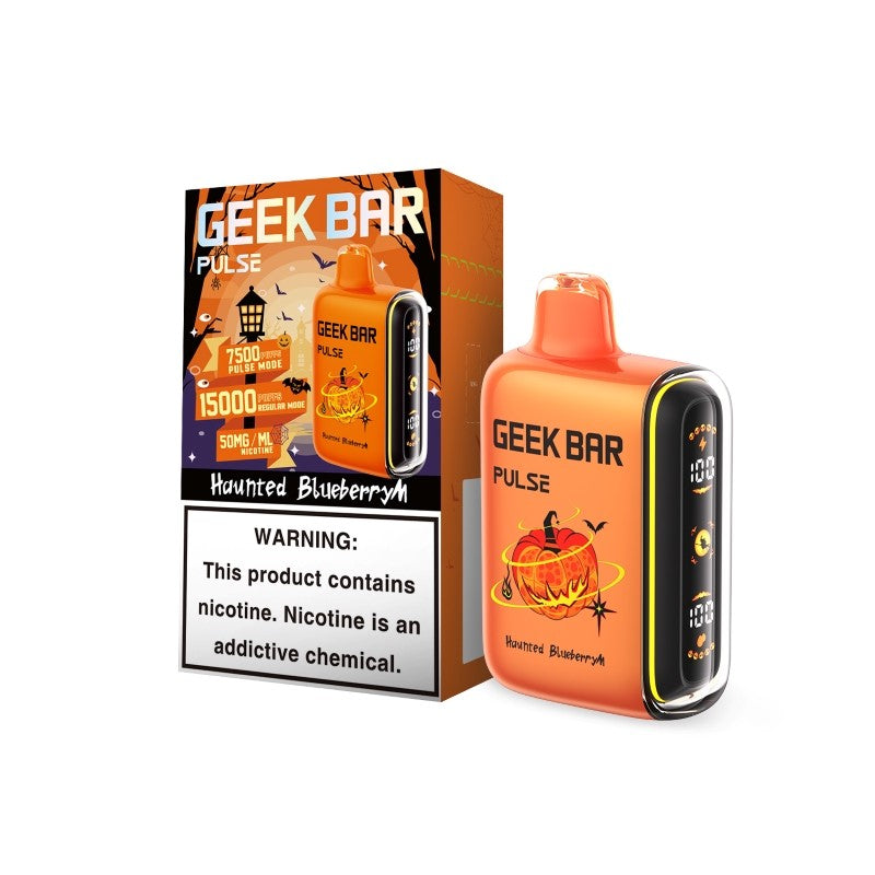 Geek Bar Pulse 15K Haunted Blueberry Disposable Vape with spooky blueberry and menthol flavor