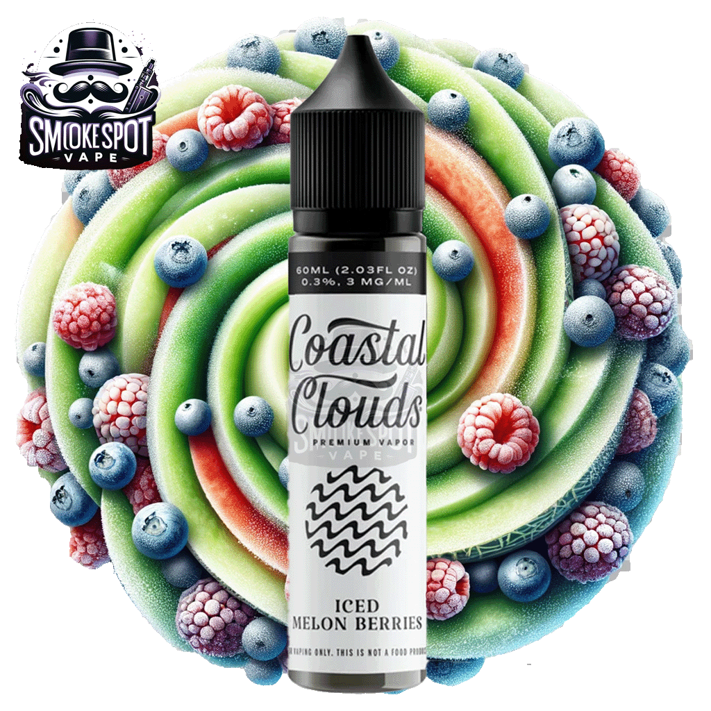 Iced Melon Berries 6MG Coastal Clouds 60ML E-Juice Bottle with Watermelon, Strawberry, Honeydew, Cantaloupe and Menthol Flavor