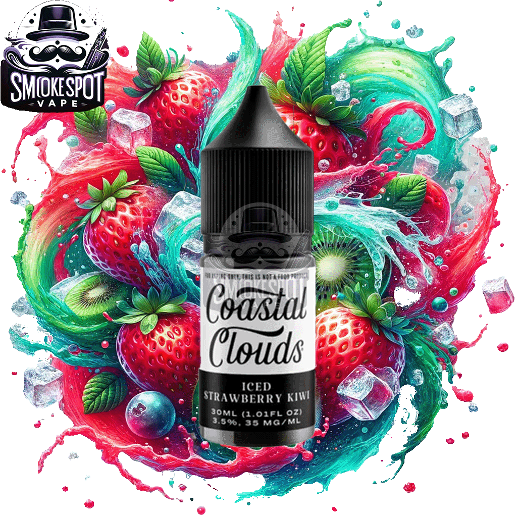 Iced Strawberry Kiwi 50MG Coastal Clouds 30ML nicotine salt e-juice bottle with strawberry, kiwi, and menthol flavor