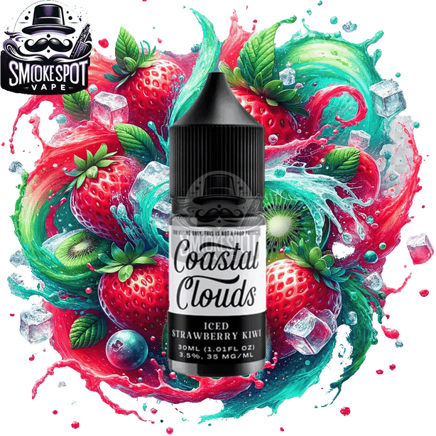 Iced Strawberry Kiwi 50MG Coastal Clouds 30ML nicotine salt e-juice bottle with strawberry, kiwi, and menthol flavor