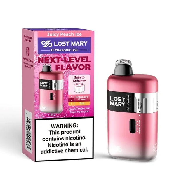 Lost Mary Ultrasonic 35k JUICY PEACH ICE disposable vape & packaging