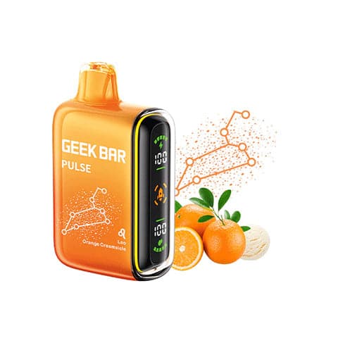 Geek Bar Pulse 15000 Disposable Vape in Orange Creamsicle flavor showing device with full-color display