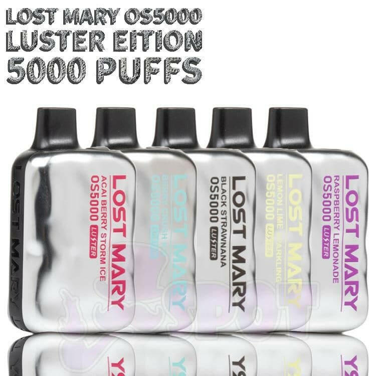 LOST MARY OS5000 PUFFS LUSTER EDITION disposable vape device front view with flavor options
