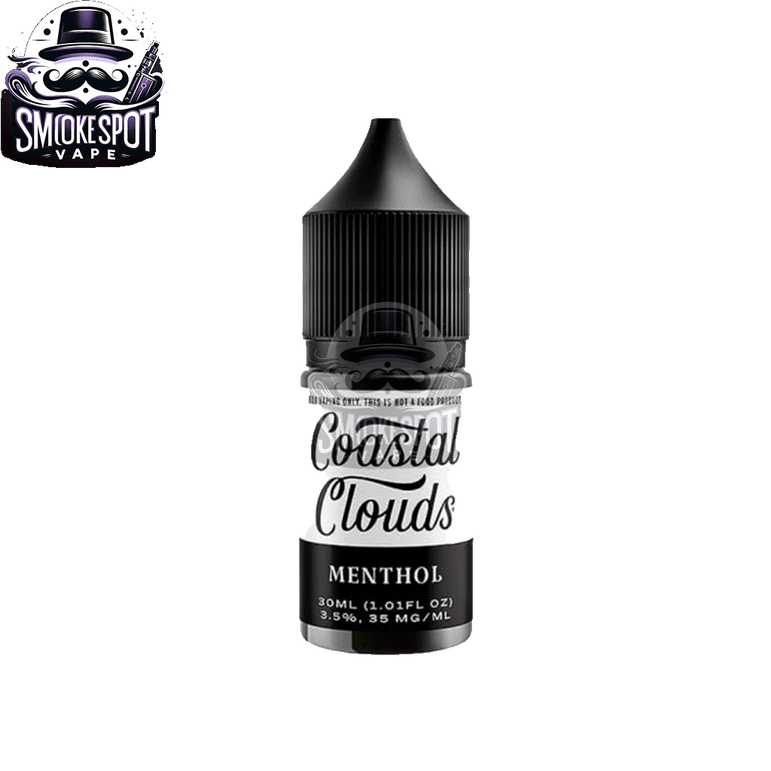Close-up of Menthol 50MG Coastal Clouds 30ML E-Juice Bottle Highlighting Nicotine Salt Formula