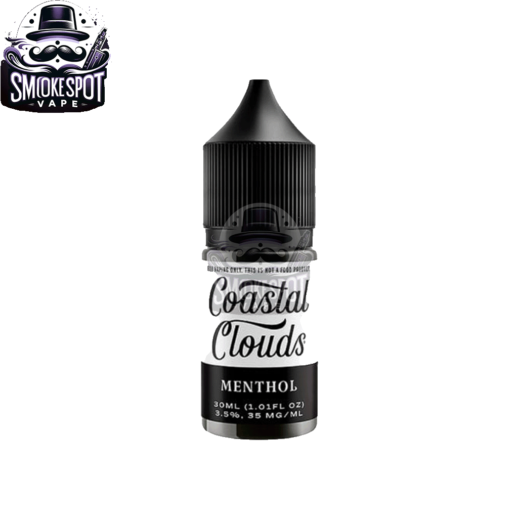 Close-up of Menthol 50MG Coastal Clouds 30ML E-Juice Bottle Highlighting Nicotine Salt Formula