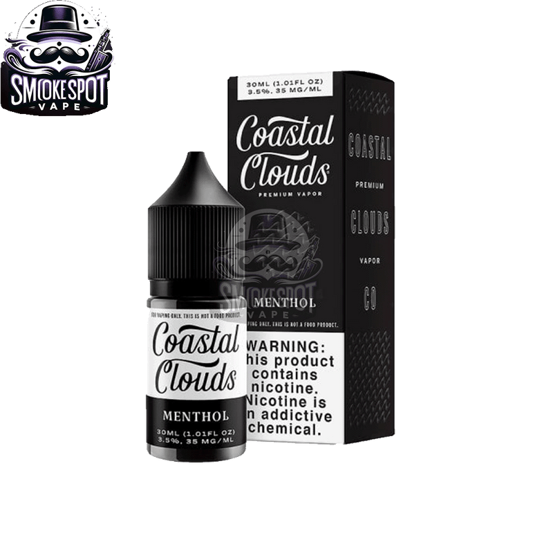 Menthol 50MG Coastal Clouds 30ML E-Juice Bottle Displayed with Mint Leaves and Menthol Crystals