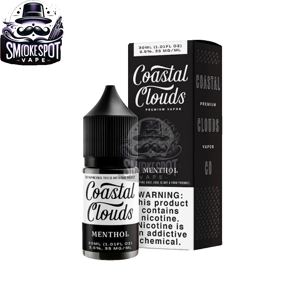 Menthol 50MG Coastal Clouds 30ML E-Juice Bottle Displayed with Mint Leaves and Menthol Crystals