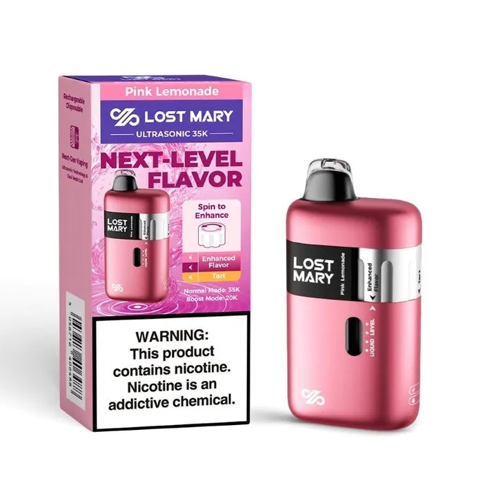 Lost Mary Ultrasonic 35k Pink Lemonade disposable vape and packaging