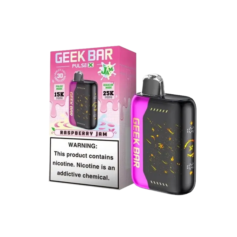 Geek Bar Pulse X 25k Raspberry Jam disposable vape device with 5% nicotine