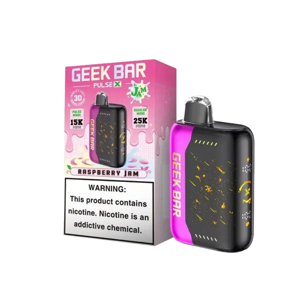 Geek Bar Pulse X 25k Raspberry Jam disposable vape device with 5% nicotine
