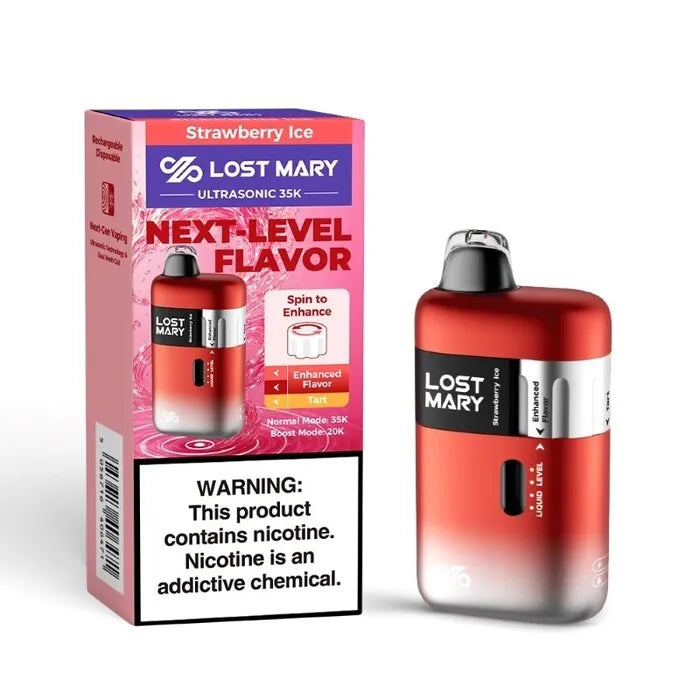 Lost Mary Ultrasonic 35k STRAWBERRY ICE disposable vape & packaging