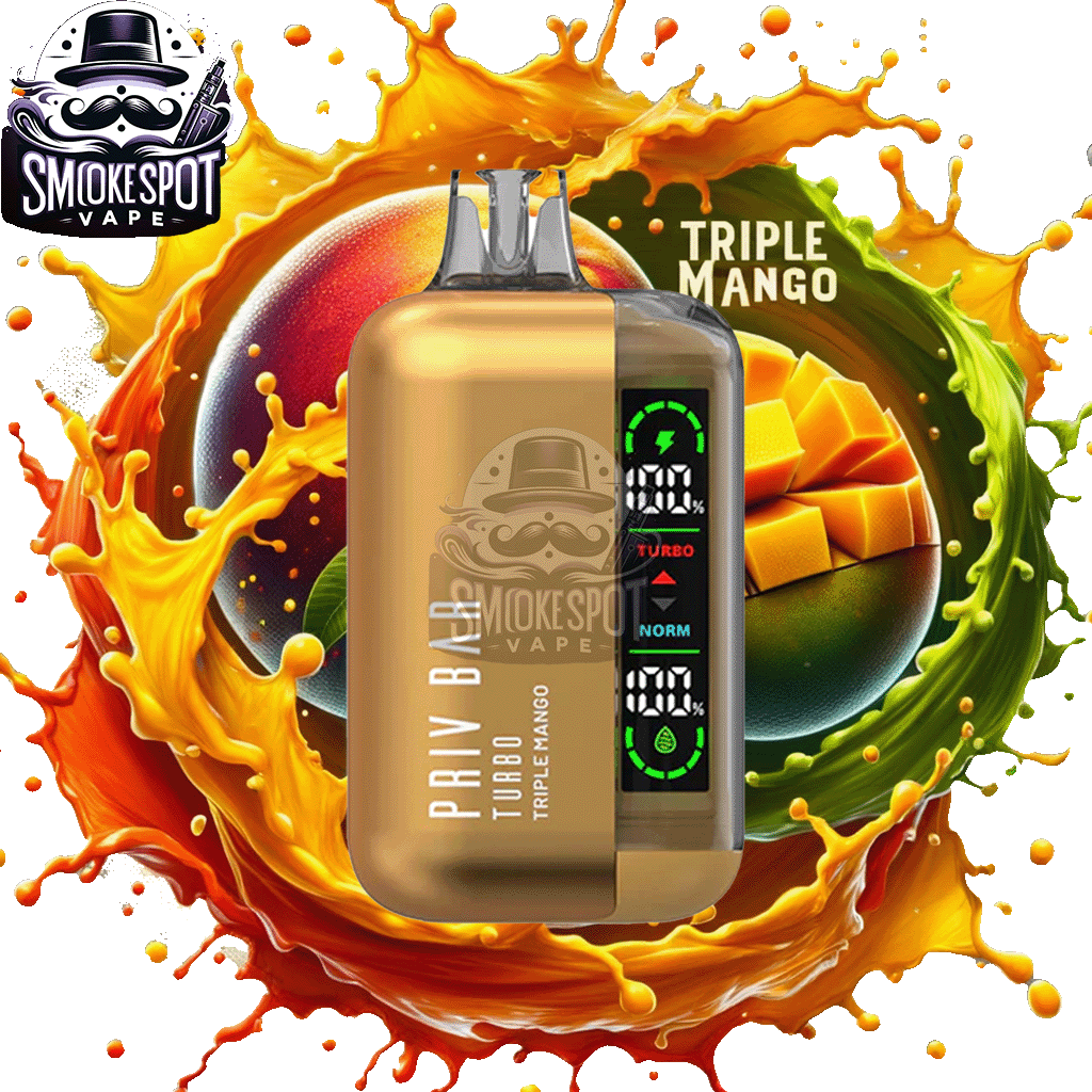 Smok Priv Bar Turbo 15000 Triple Mango disposable vape showing device and packaging
