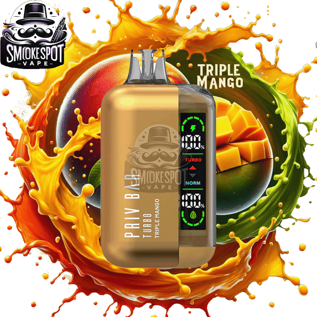 Smok Priv Bar Turbo 15000 Triple Mango disposable vape showing device and packaging