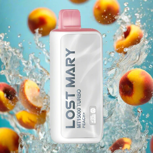Peach+ Lost Mary MT 15000 Turbo disposable vape device with juicy peach flavor