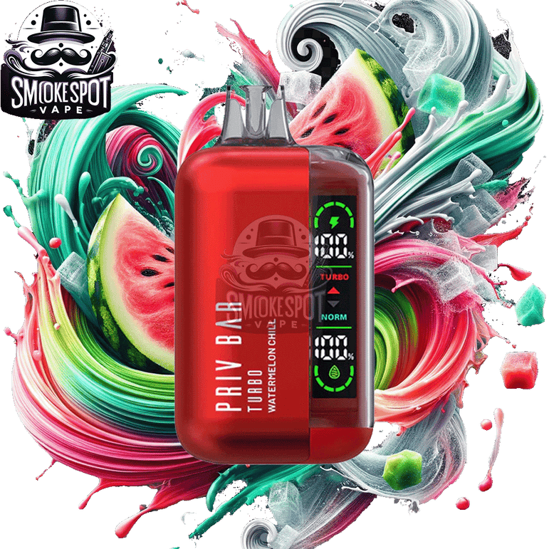 Close-up of Watermelon Chill Smok Priv Bar Turbo 15000 disposable vape showing slim design and OLED screen
